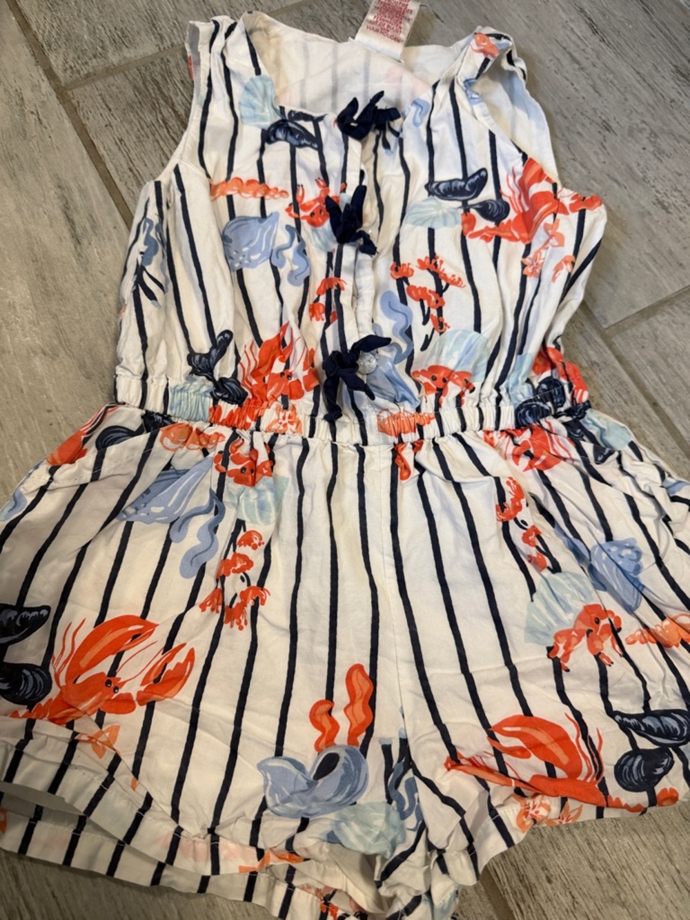 Max Studio Girls' Navy Stripe Floral Romper - White with Coral & Light Blue 5/6